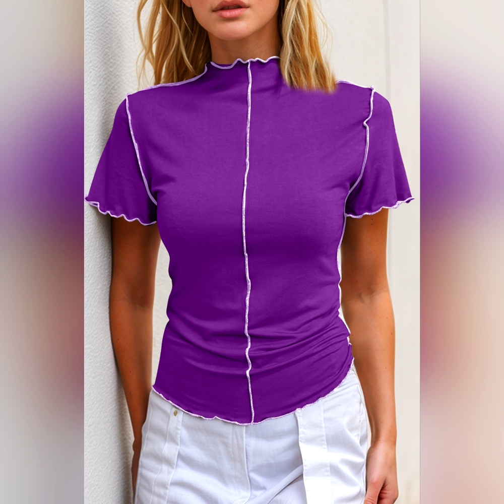 Basic Bae Contrast Trim Mock Neck Short Sleeve T-Shirt